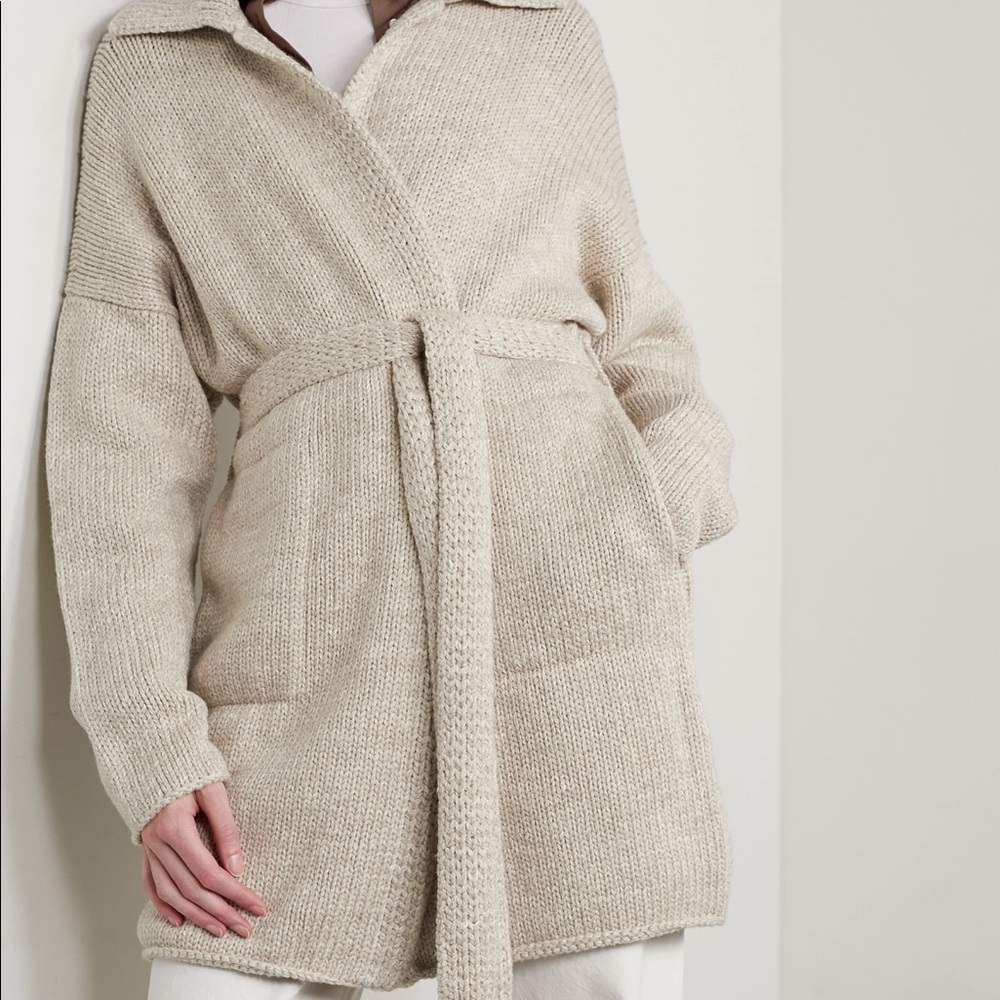 ISO Beige Oversized belted merino wool
and Pima cotton-blend cardigan
